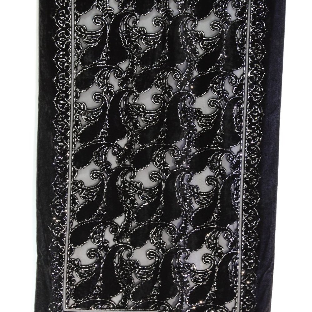 Black Silk Burnout Velvet Long Shawl Wrap Scarf - Picture 5 of 5